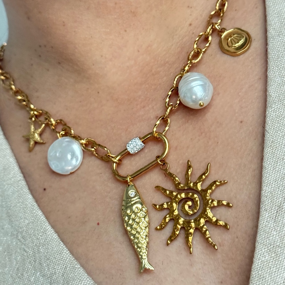 Gold Charm Necklace with Sun and Shell Accents